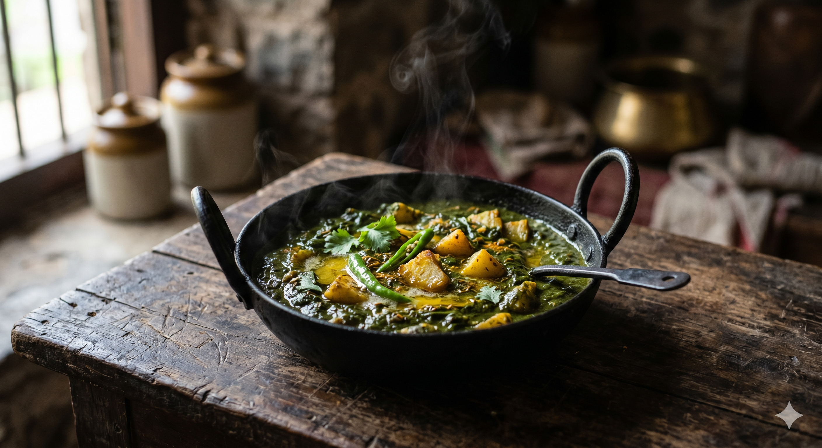 Aloo Palak — spinach and potato in a black kadai, steam rising