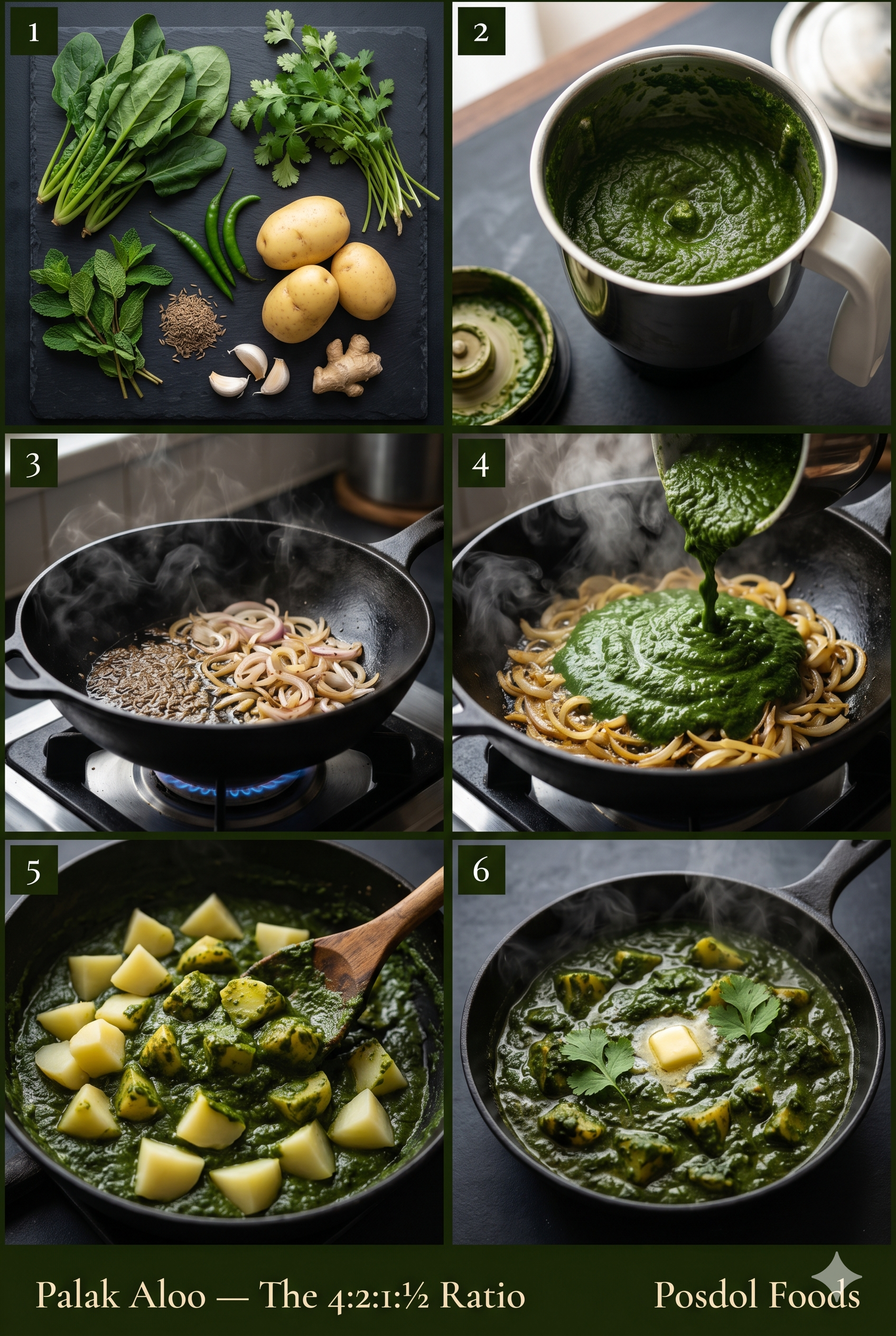 Aloo Palak — six steps from wilt to plate
