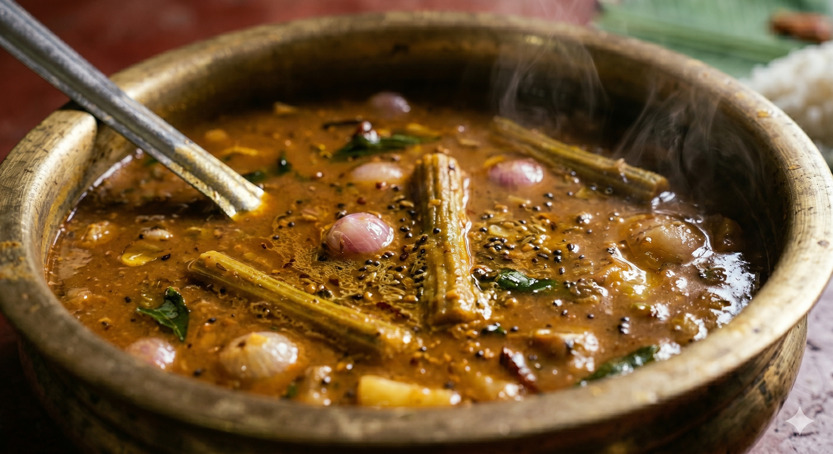 Dad's Ghee Sambar — drumsticks and pearl onions in a thick tamarind gravy
