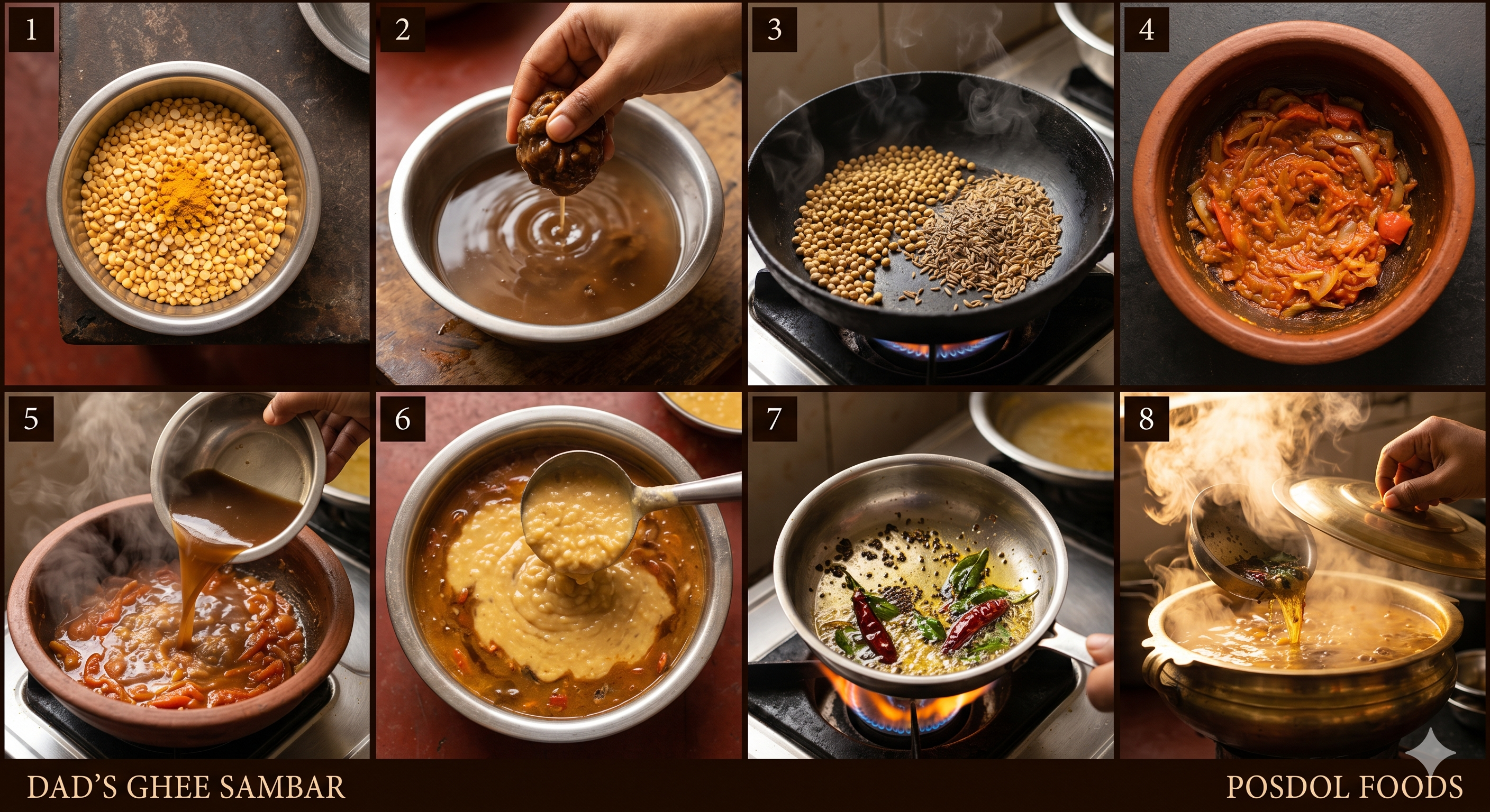 Dad's Ghee Sambar — eight steps from dal to tadka